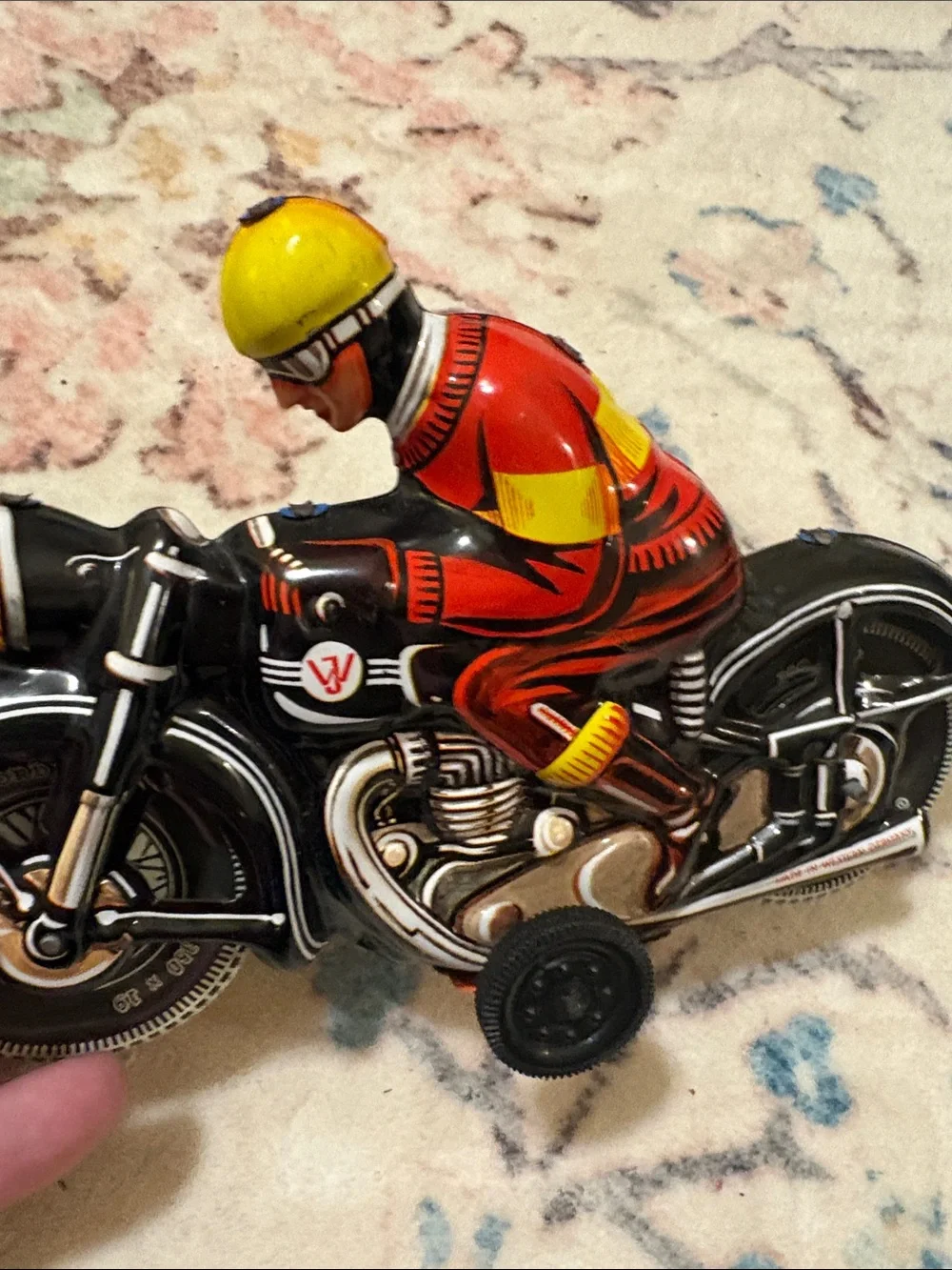 Vintage Tin Toy Motorcycle Joseph Wagner West German Dunlop Cord.